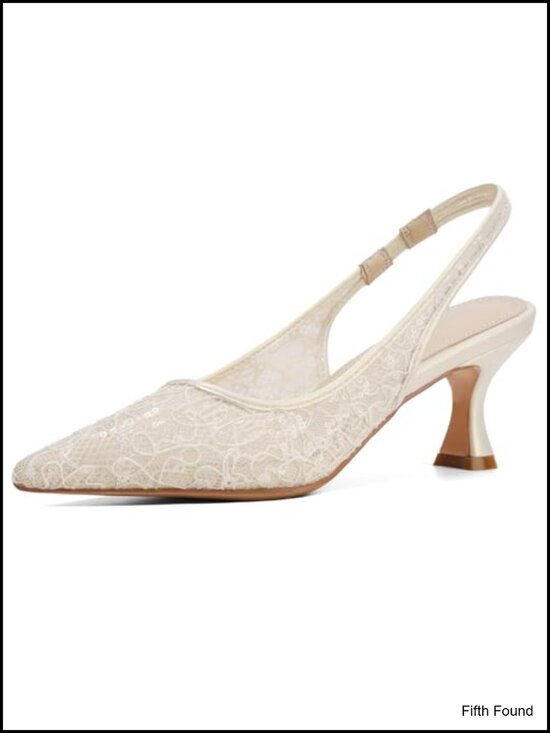 Shoes - Lace Mesh Slingback Kitten Heel Pointed Toe Pumps